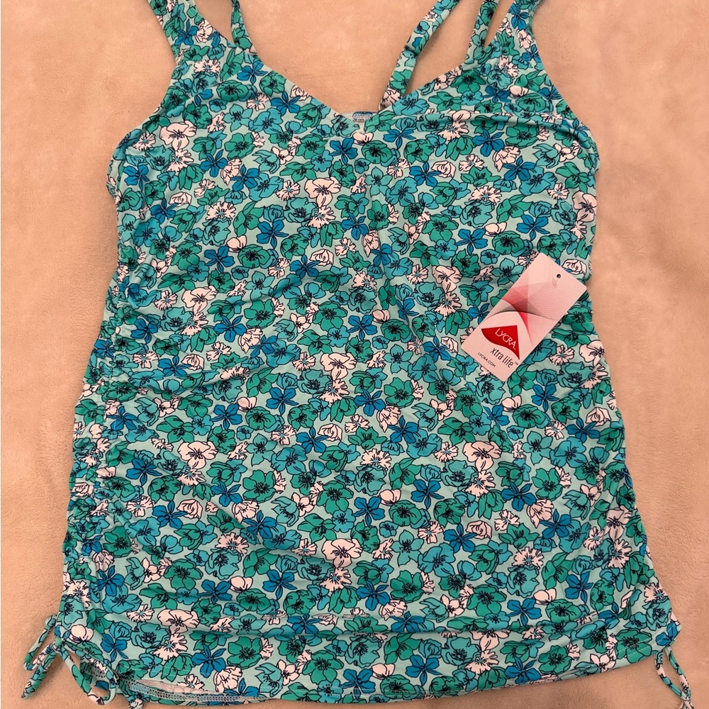 Lands' End Floral Teal and White Bathing Suit Tank